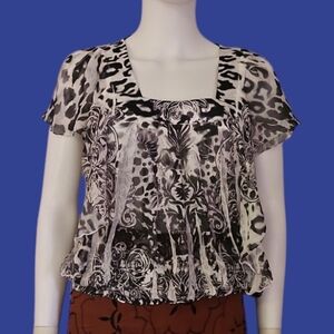 3/$30 APT 9 Chiffon Leopard Square Neck Short Sleeve Ruffle Blouson Blouse
